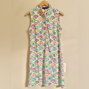 Barbara Erickson Fun Rainbow color Ruffle V Neck Dress Size Small Summer- EUC